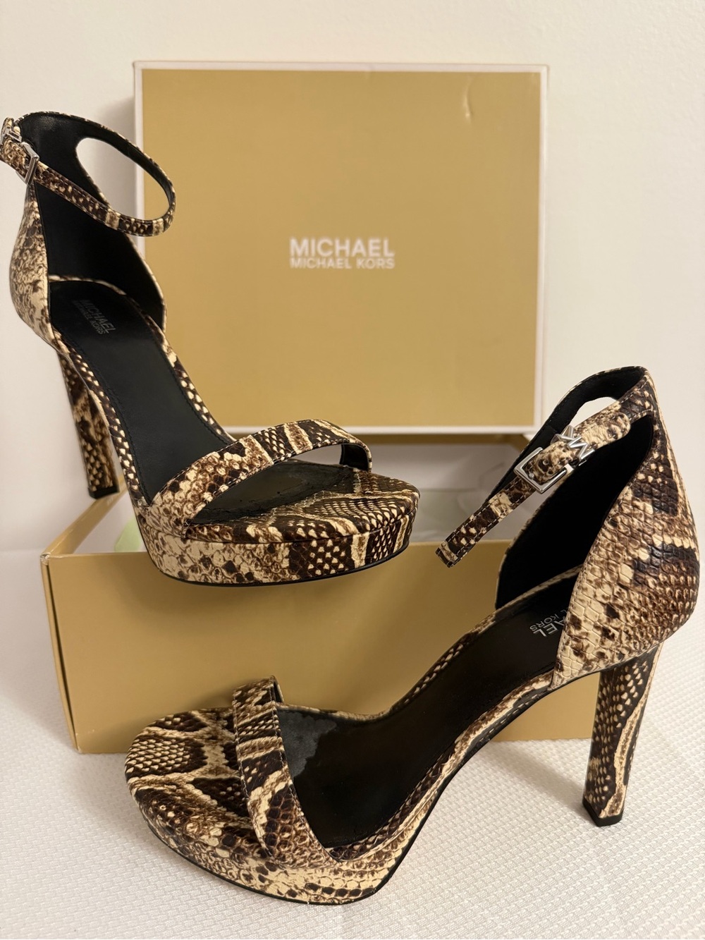 Michael MK Brown Snake-Print Ankle Strap Open Toe Heels